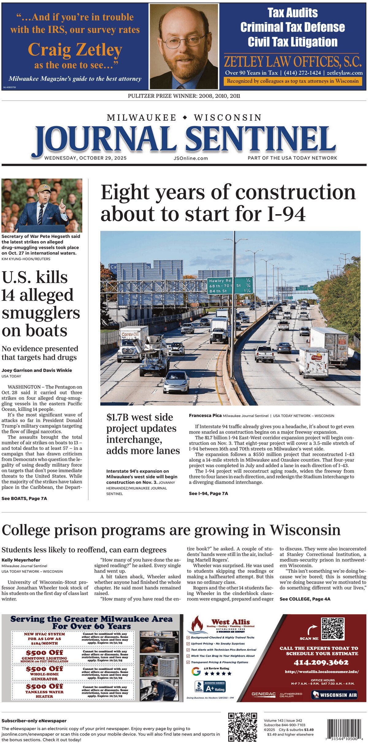 Prima Pagina Milwaukee Journal Sentinel 29/10/2025