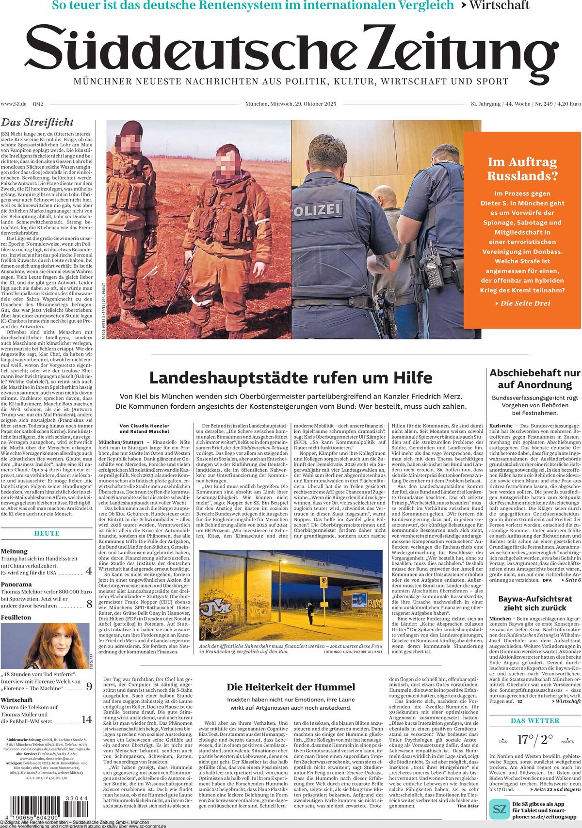 Prima Pagina Süddeutsche Zeitung 29/10/2025