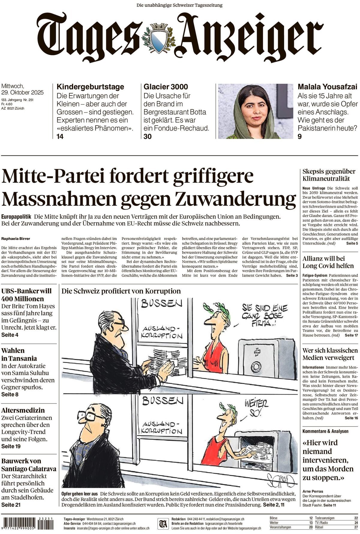 Prima Pagina Tages-Anzeiger (Tagi TA) 29/10/2025