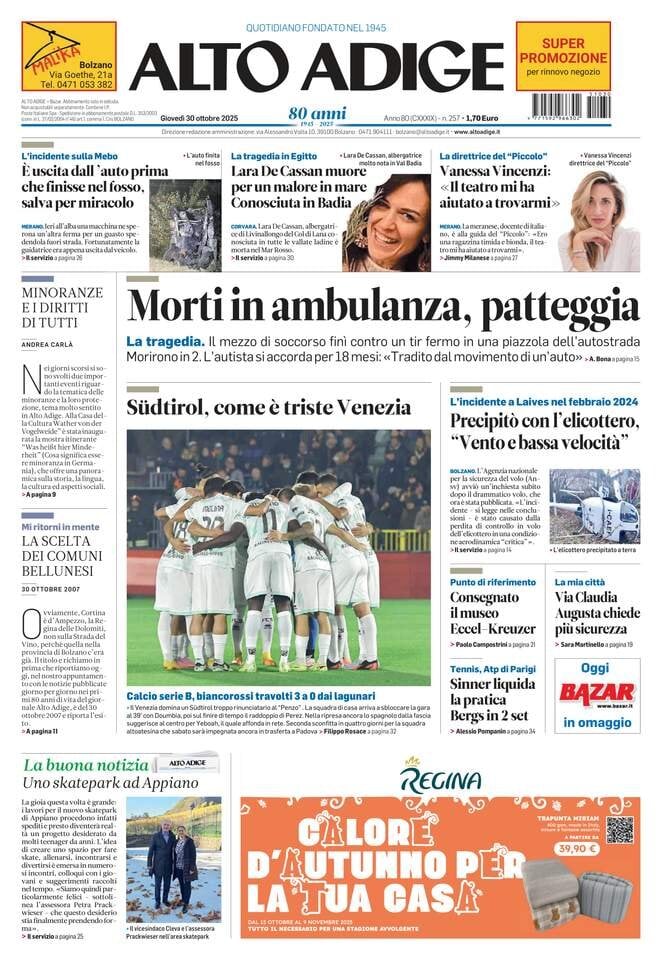 Prima Pagina Alto Adige 30/10/2025