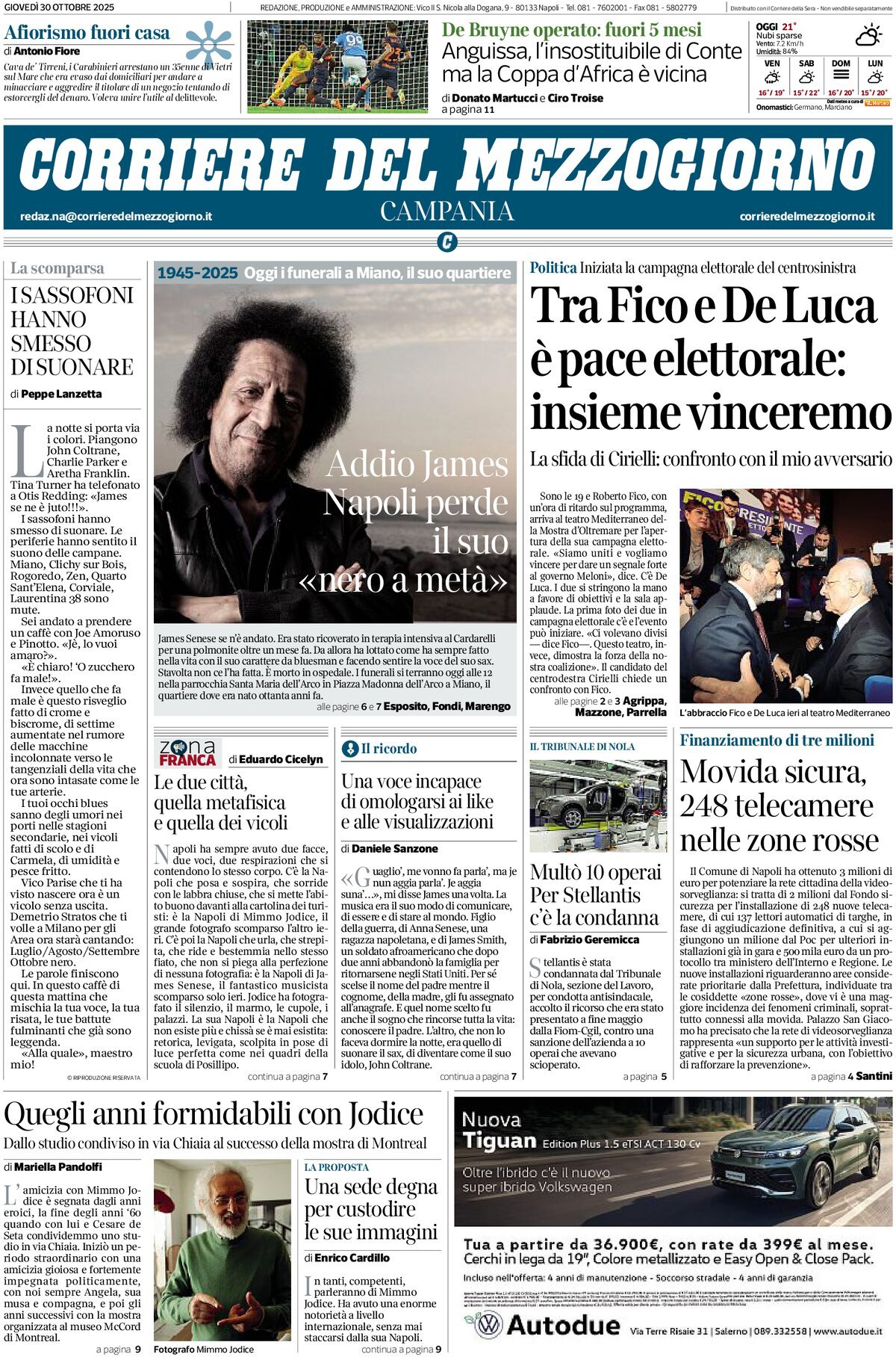Prima Pagina Corriere del Mezzogiorno (Campania) 30/10/2025