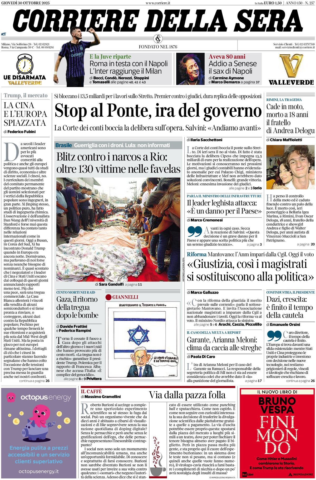 Prima Pagina Corriere della Sera 30/10/2025