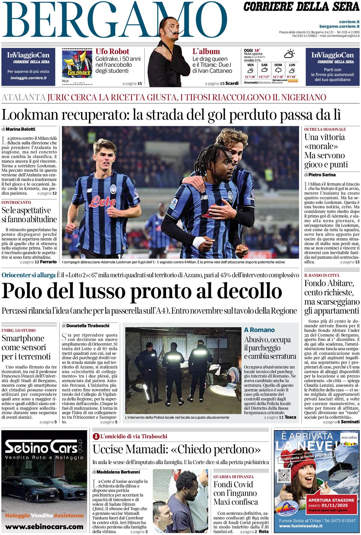 Prima Pagina Corriere della Sera (Bergamo) 30/10/2025