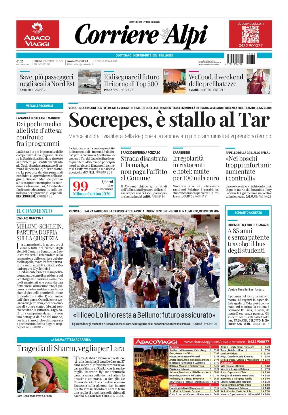 Prima Pagina Corriere delle Alpi (Belluno) 30/10/2025