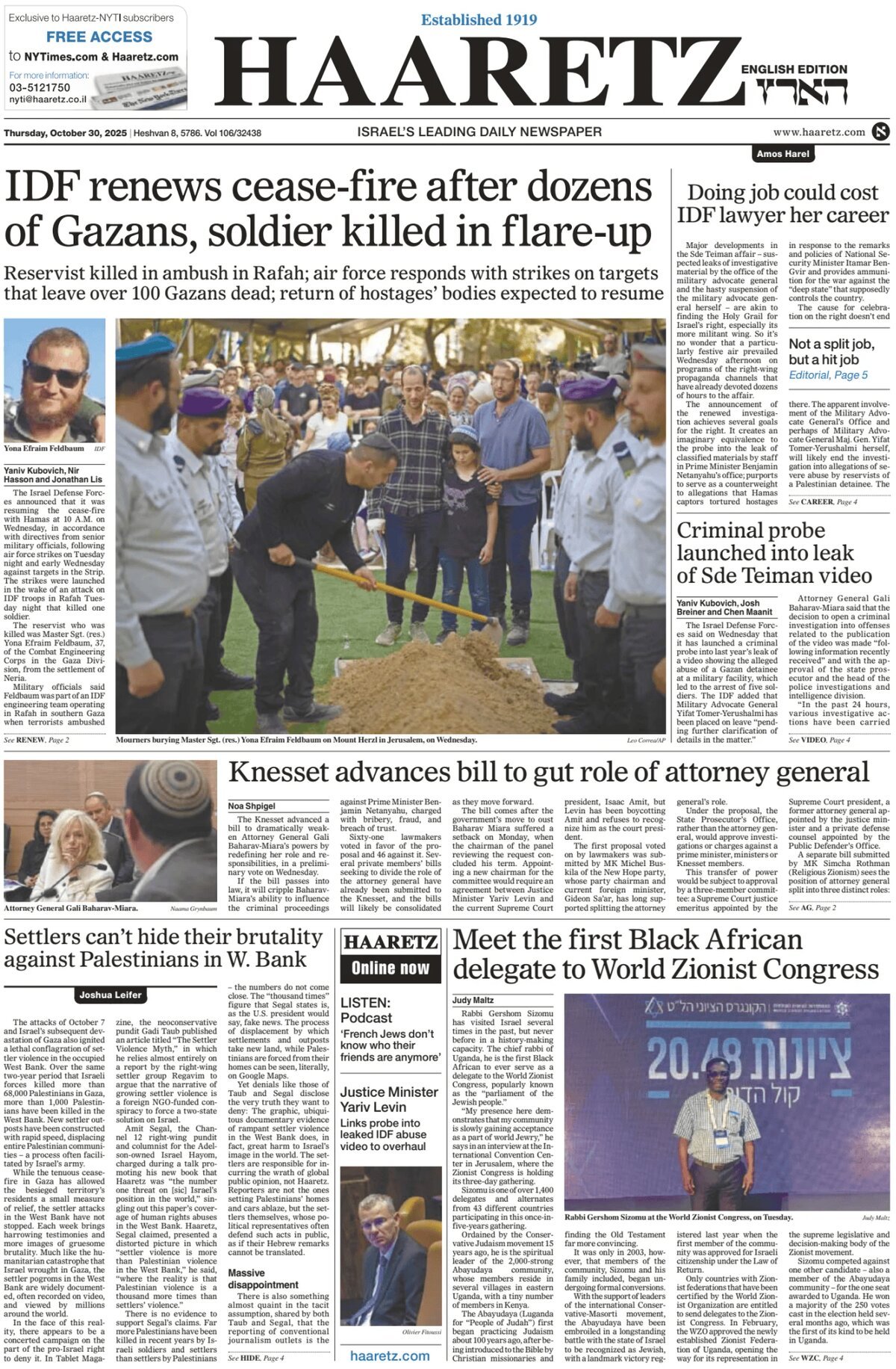 Prima Pagina Haaretz 30/10/2025