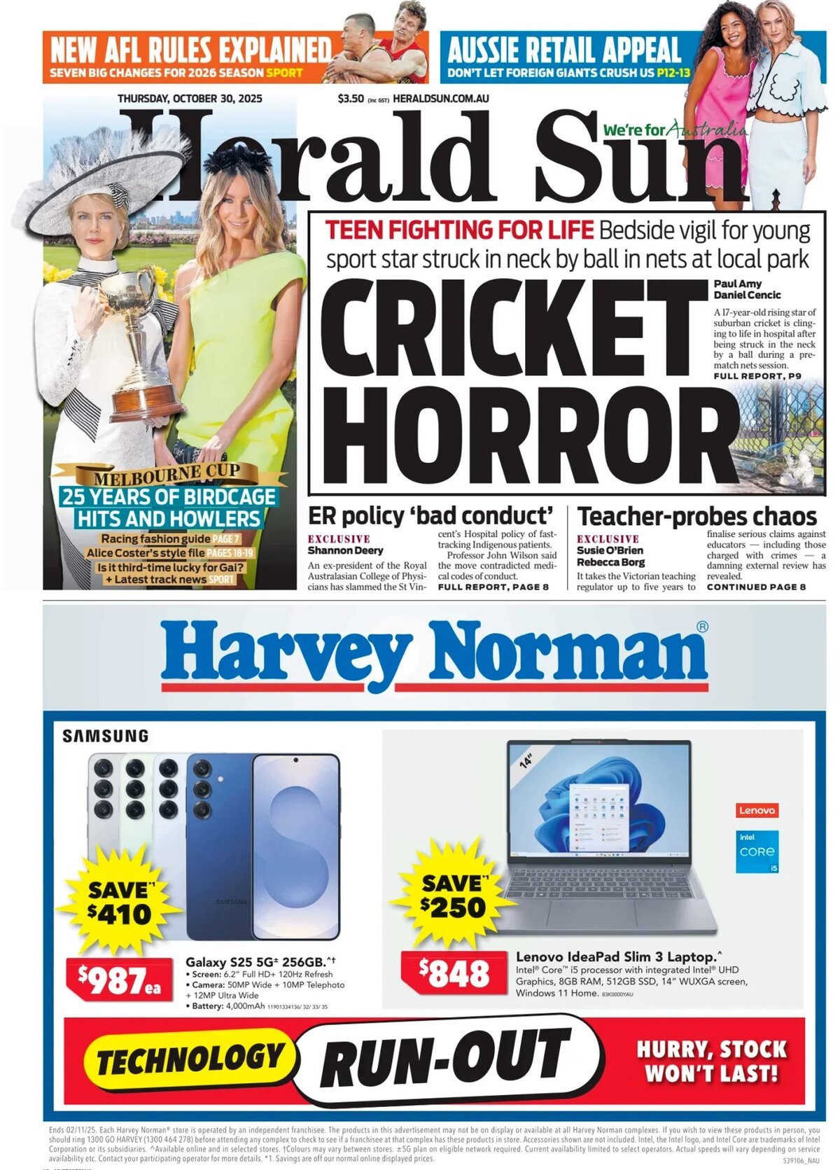 Prima Pagina Herald Sun 30/10/2025