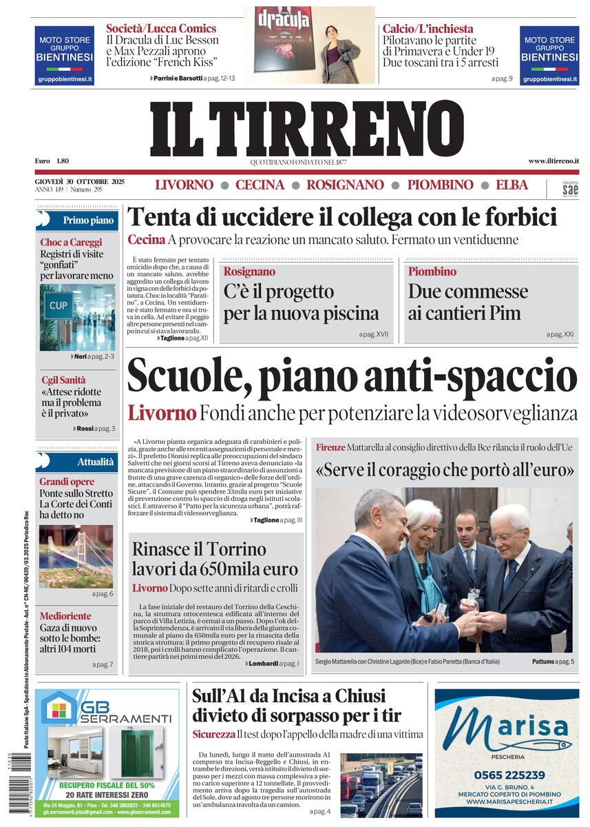 Prima Pagina Il Tirreno (Livorno, Cecina, Rosignano, Piombino, Elba) 30/10/2025