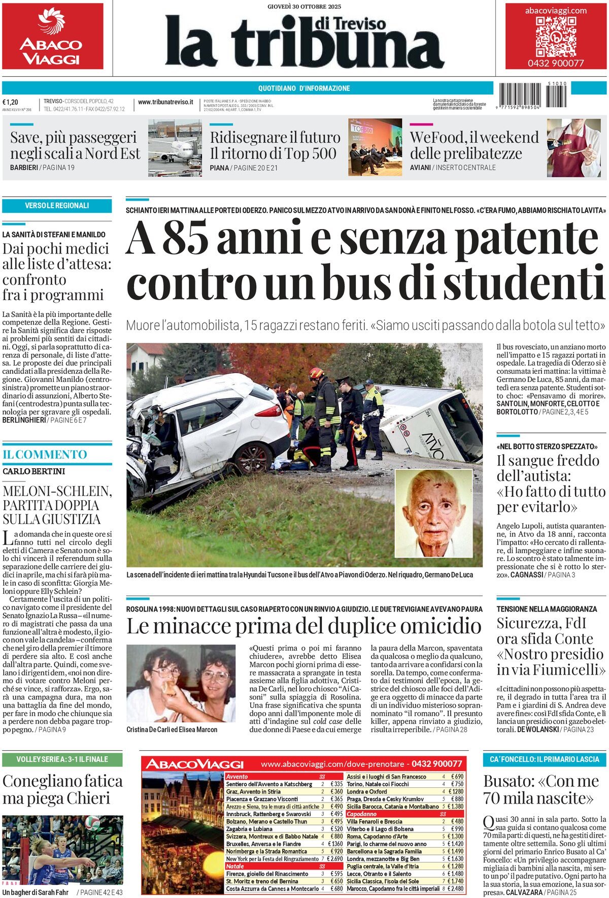 Prima Pagina La Tribuna di Treviso 30/10/2025