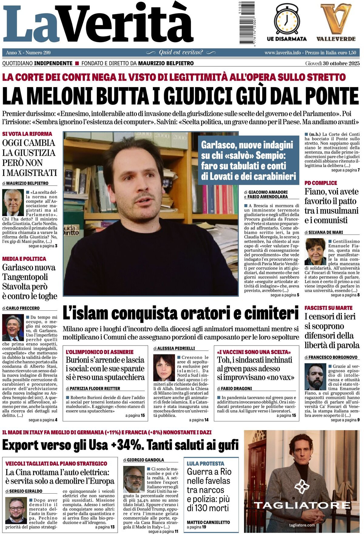 Prima Pagina La Verità 30/10/2025