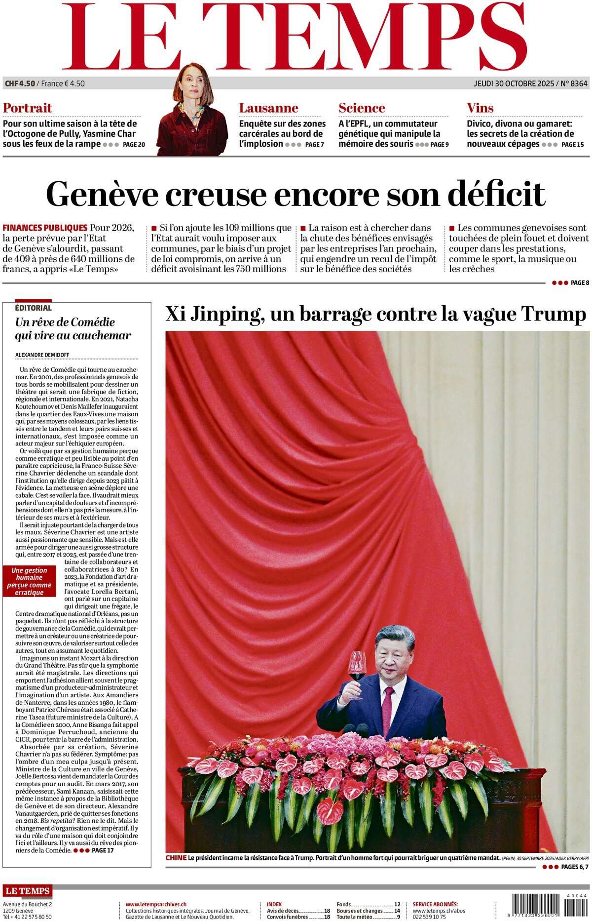 Prima Pagina Le Temps 30/10/2025