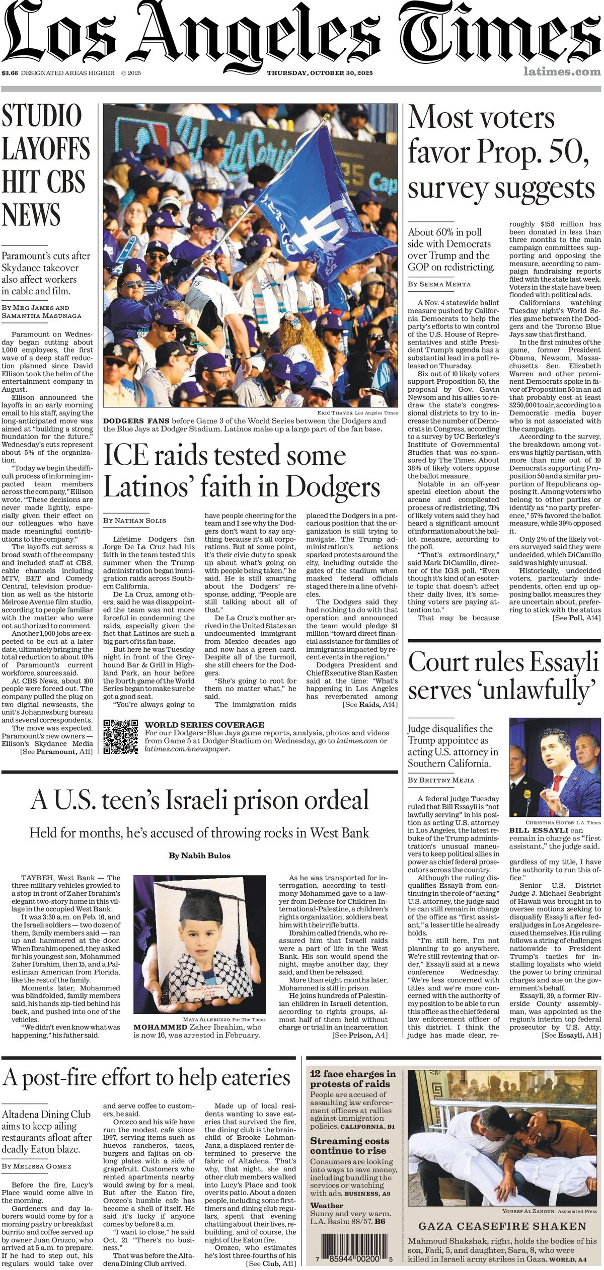Prima Pagina Los Angeles Times 30/10/2025