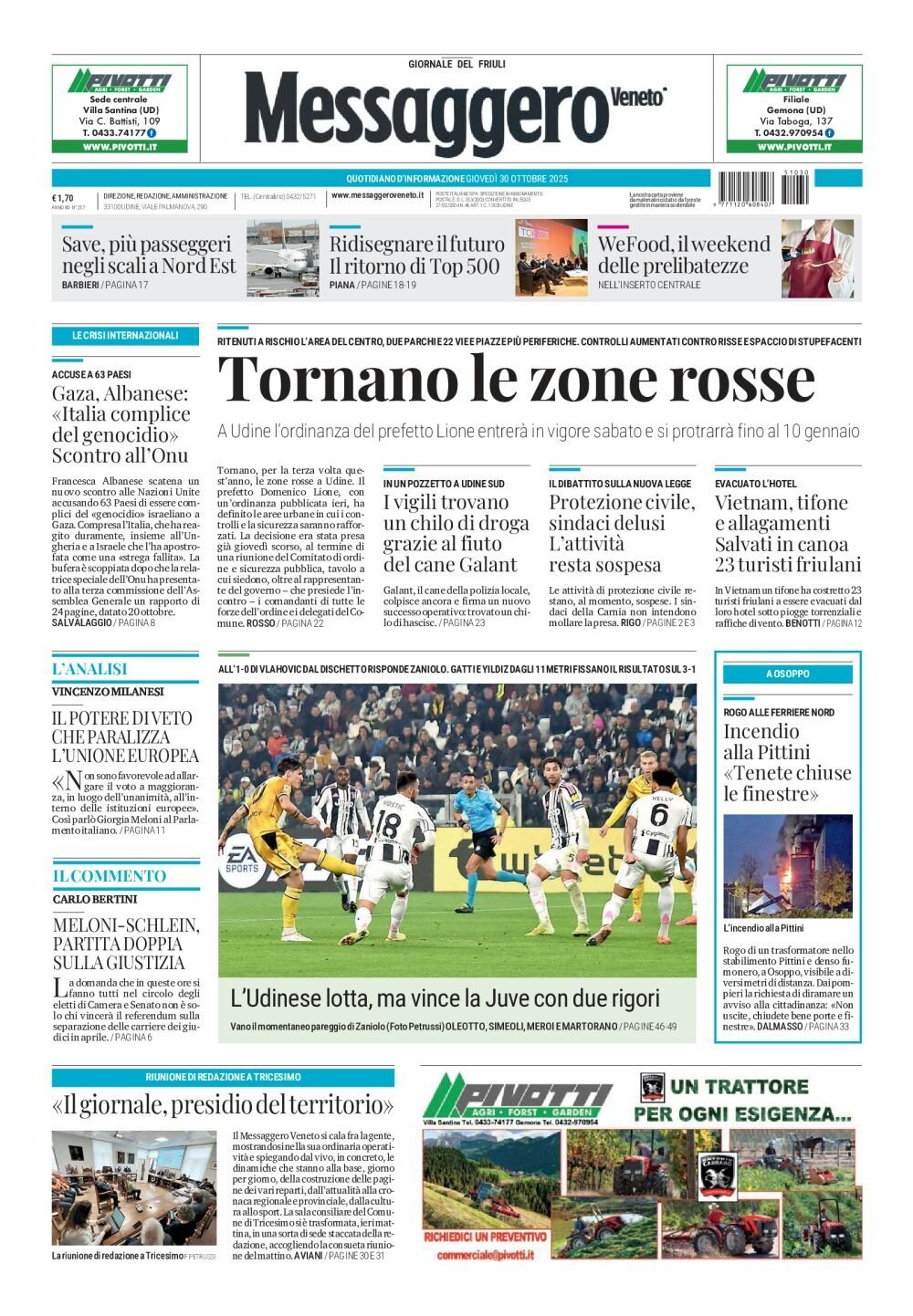 Prima Pagina Messaggero Veneto (Gorizia) 30/10/2025