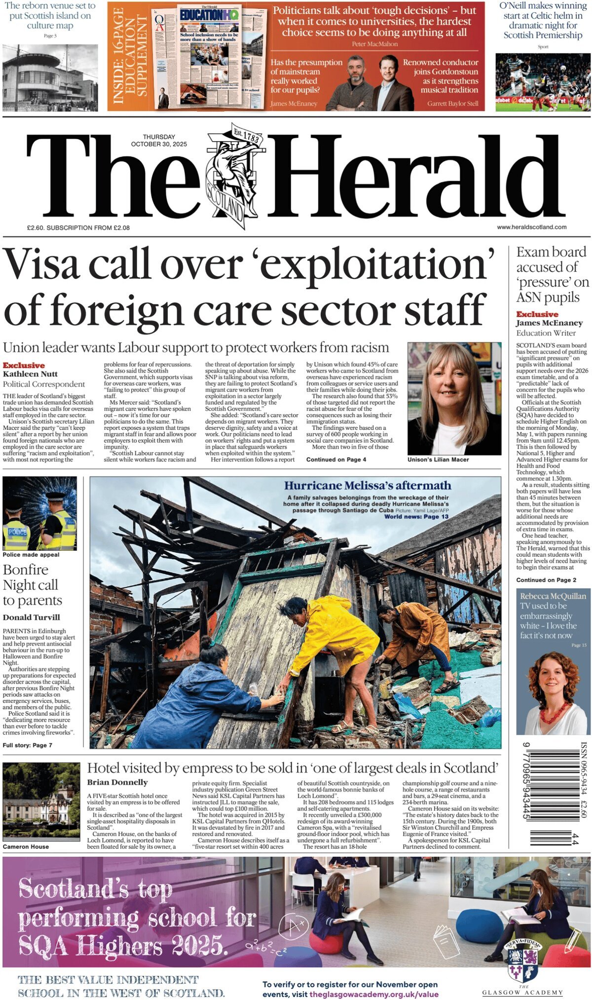 Prima Pagina The Herald (Scotland) 30/10/2025