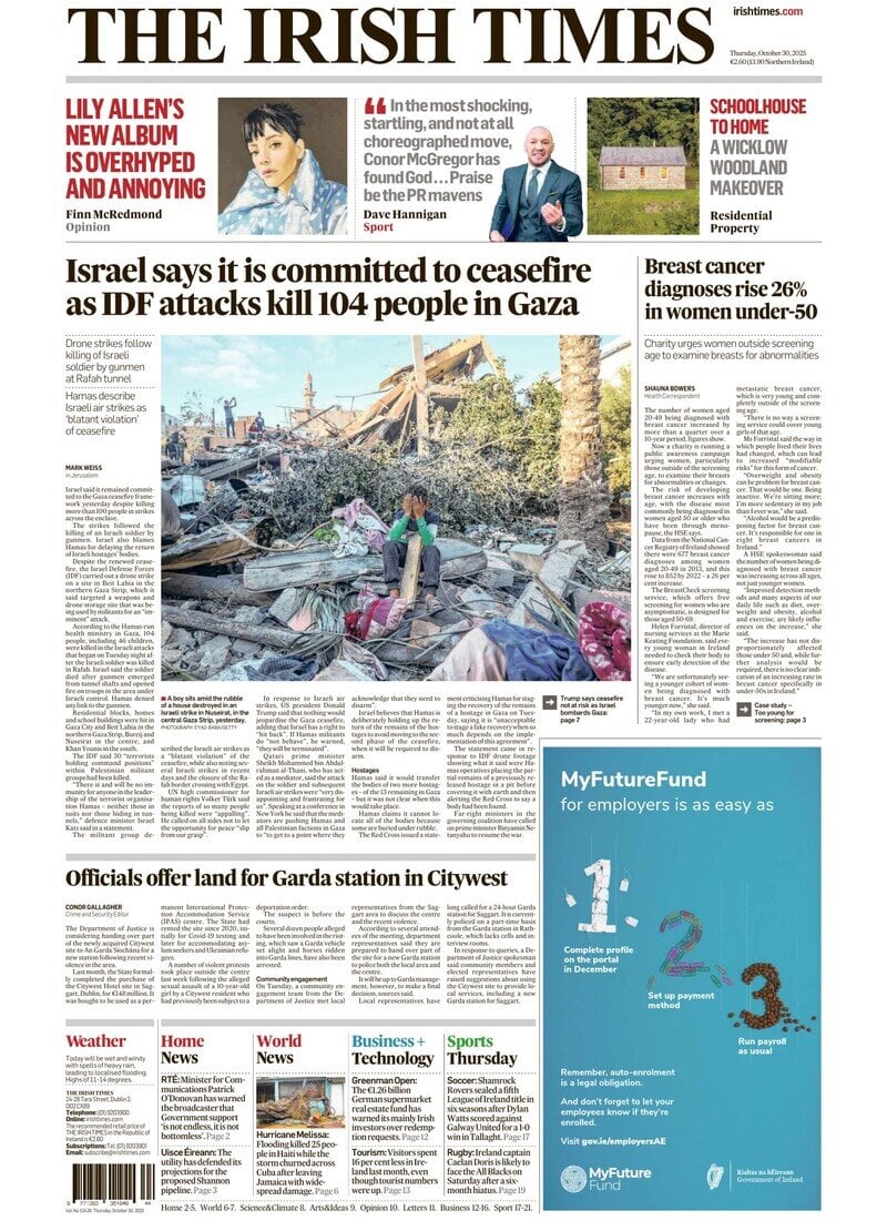 Prima Pagina The Irish Times 30/10/2025