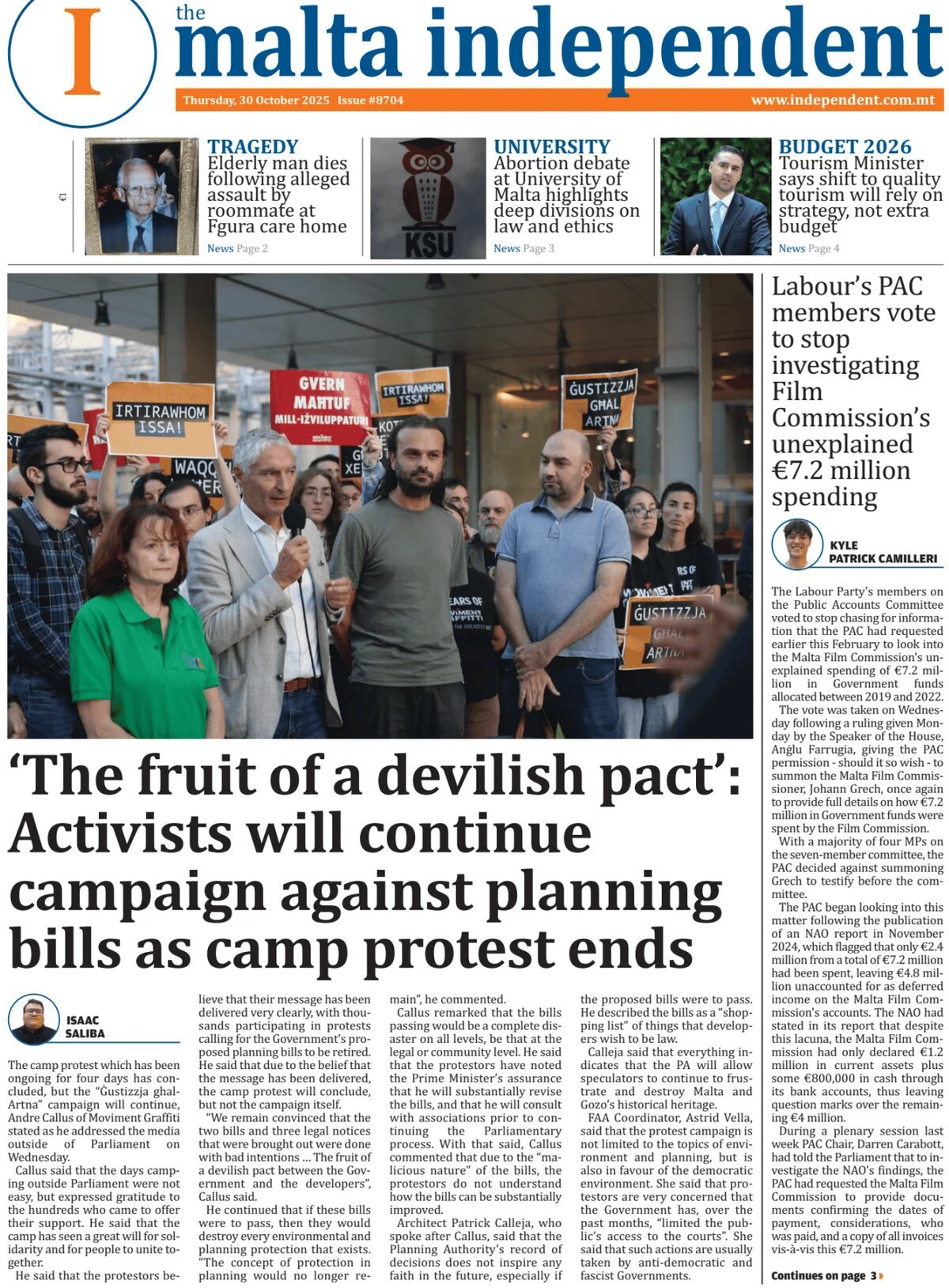 Prima Pagina The Malta Independent 30/10/2025