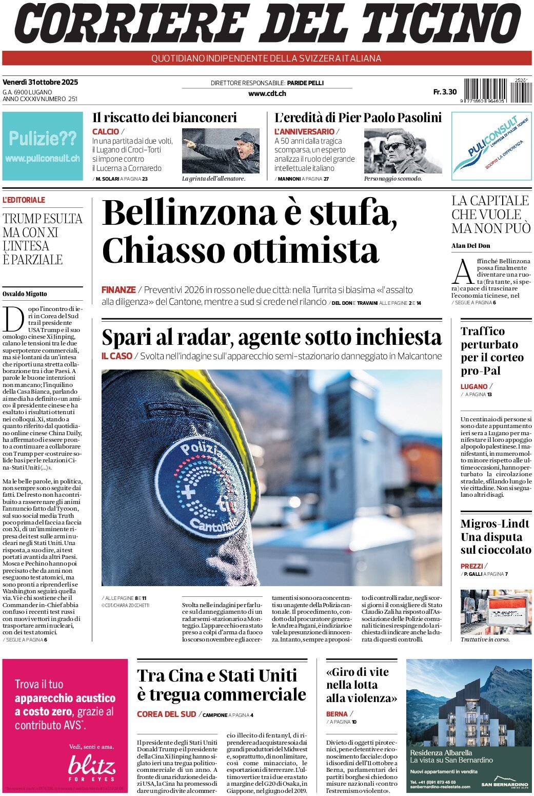 Prima Pagina Corriere del Ticino 31/10/2025