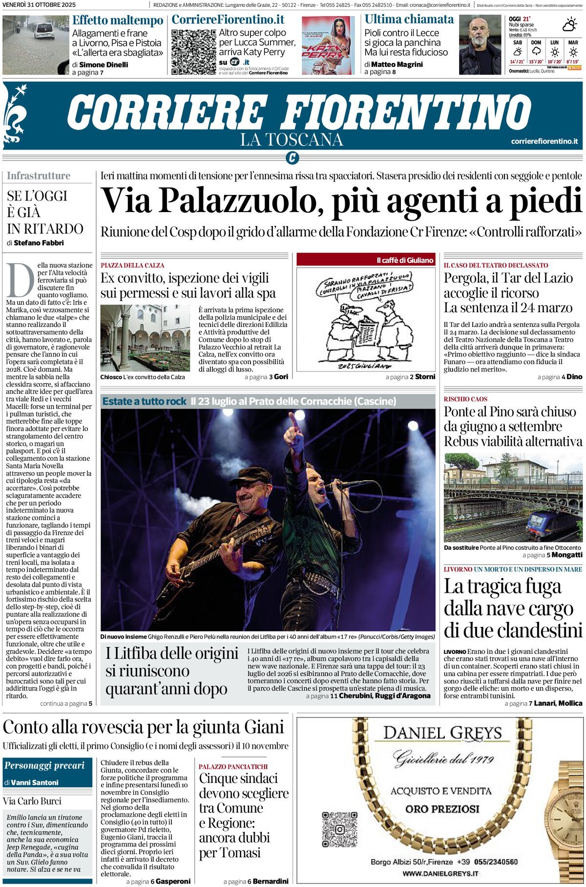 Prima Pagina Corriere Fiorentino 31/10/2025