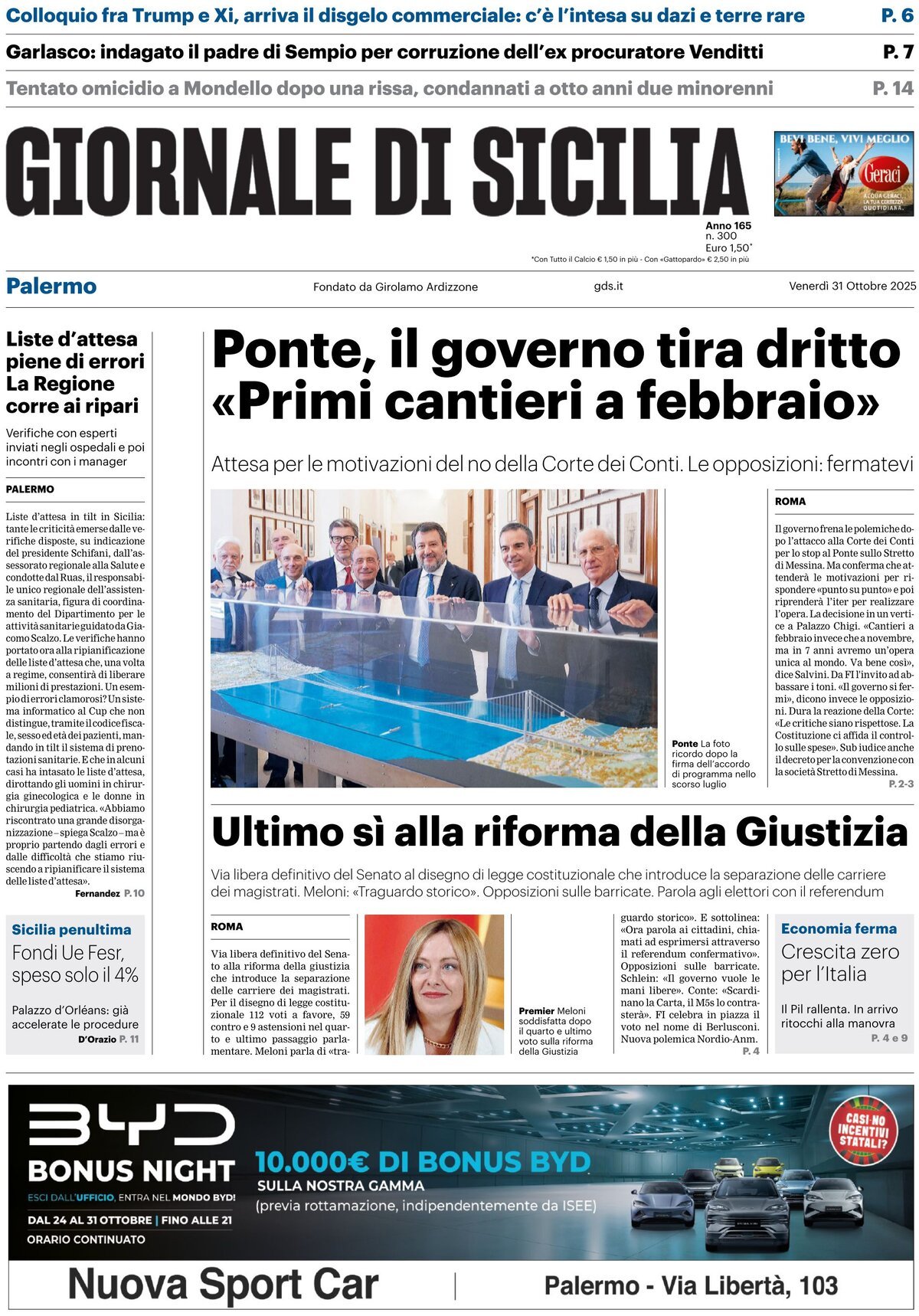 Prima Pagina Giornale di Sicilia (Palermo) 31/10/2025