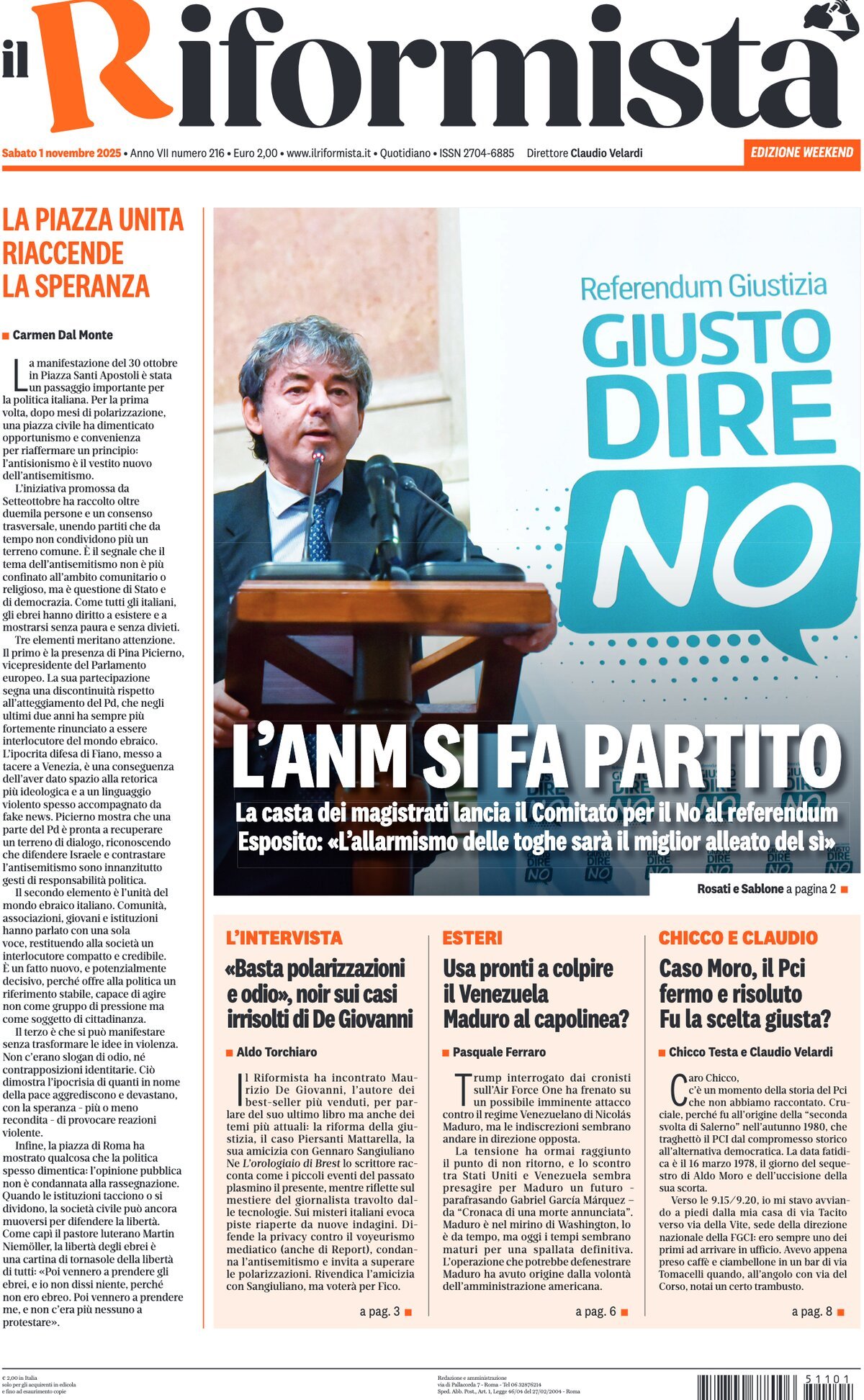Prima Pagina Il Riformista 02/11/2025