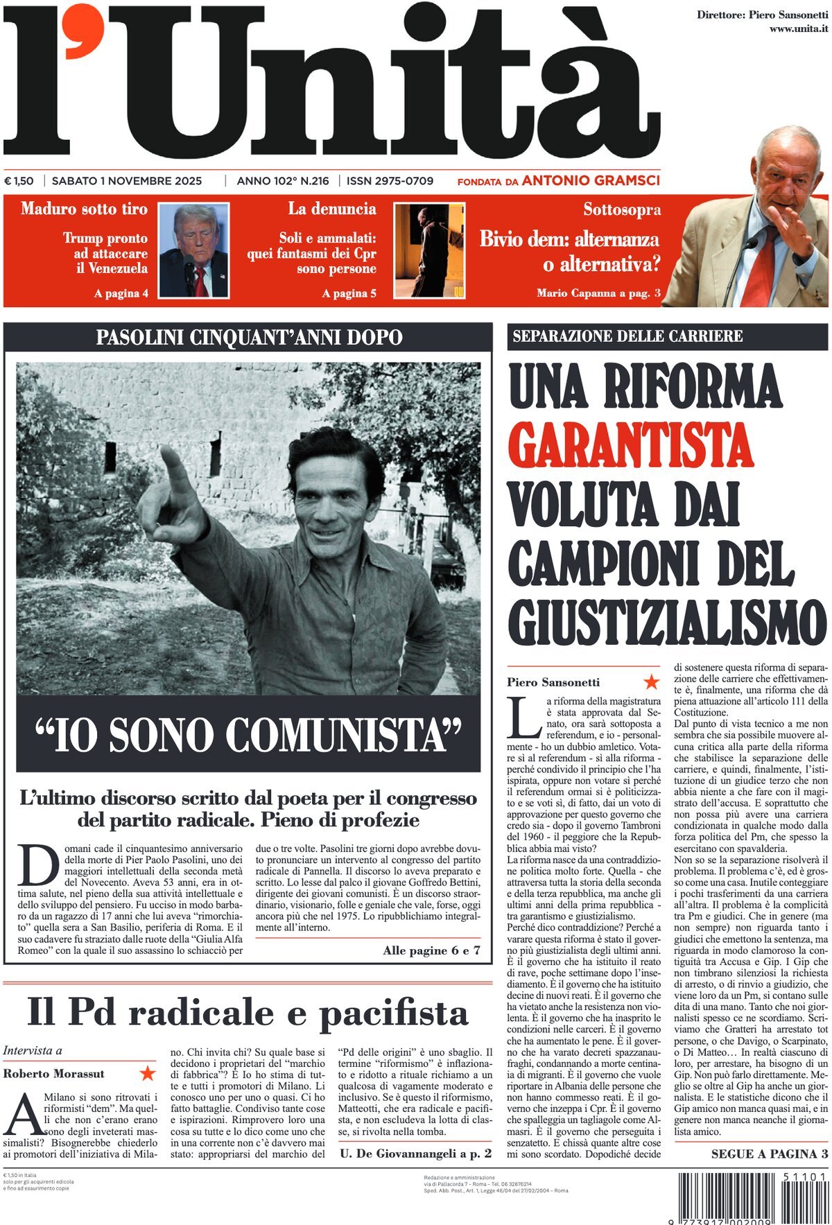 Prima Pagina L'Unità 01/11/2025