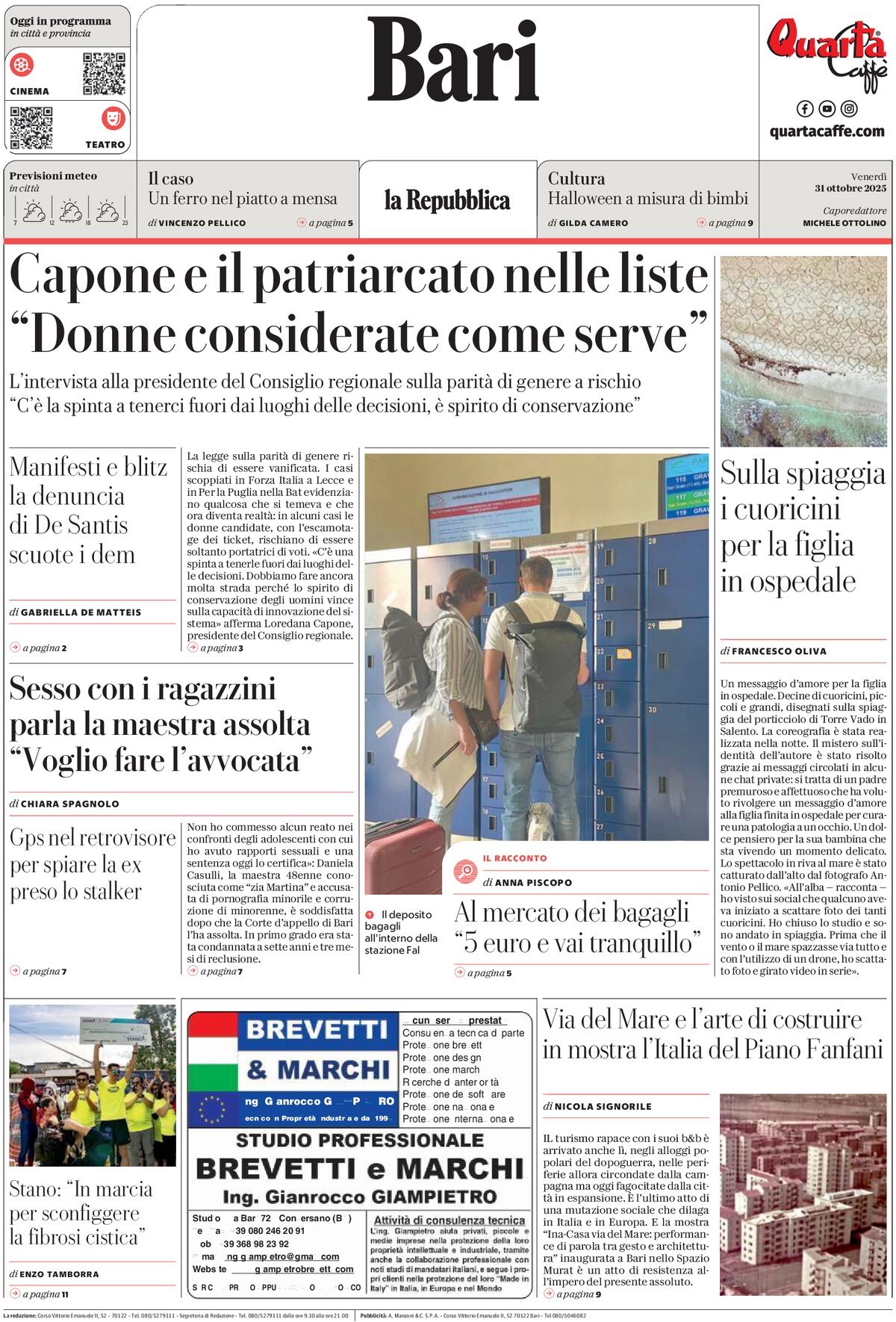 Prima Pagina La Repubblica (Bari) 31/10/2025