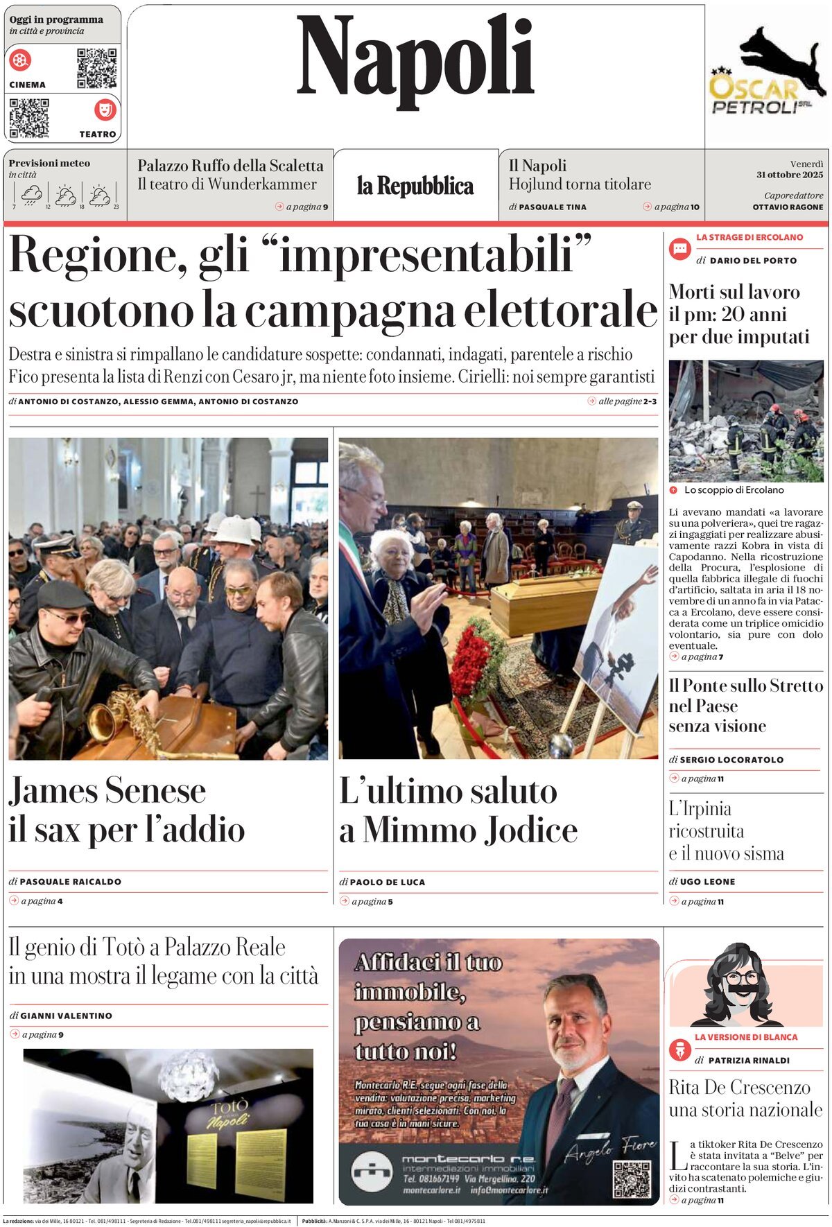 Prima Pagina La Repubblica (Napoli) 31/10/2025