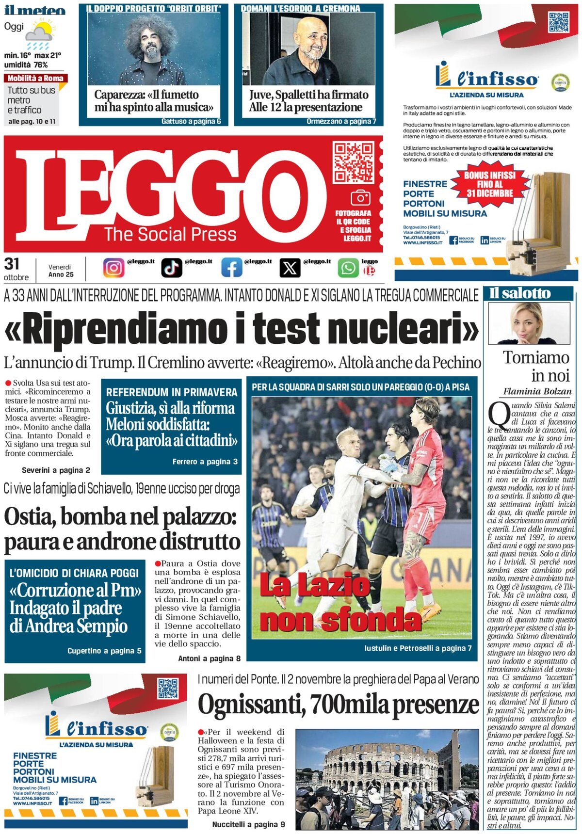 Prima Pagina Leggo (Roma) 31/10/2025