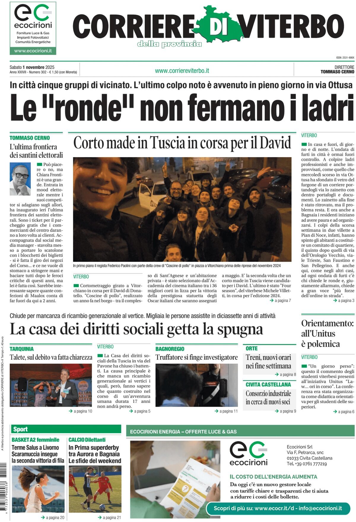 Prima Pagina Corriere di Viterbo 01/11/2025