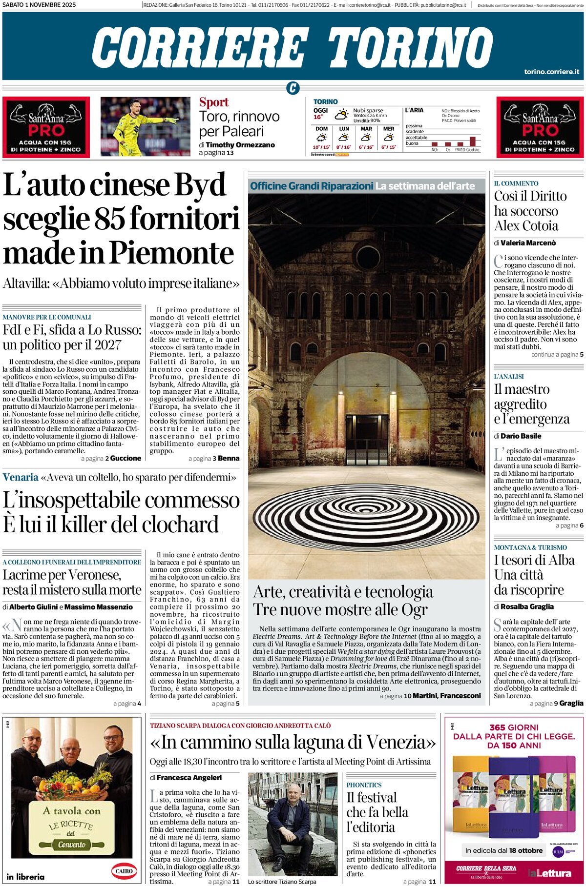 Prima Pagina Corriere Torino 01/11/2025