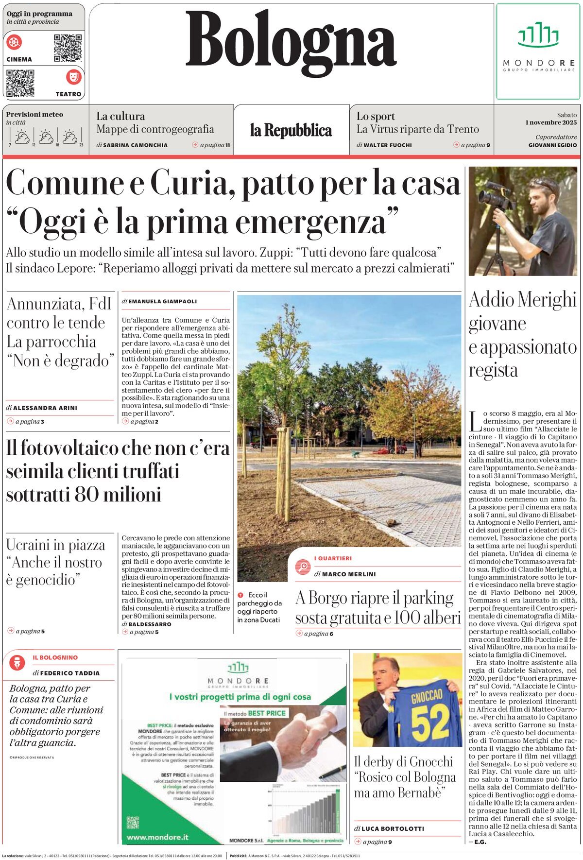 Prima Pagina La Repubblica (Bologna) 01/11/2025