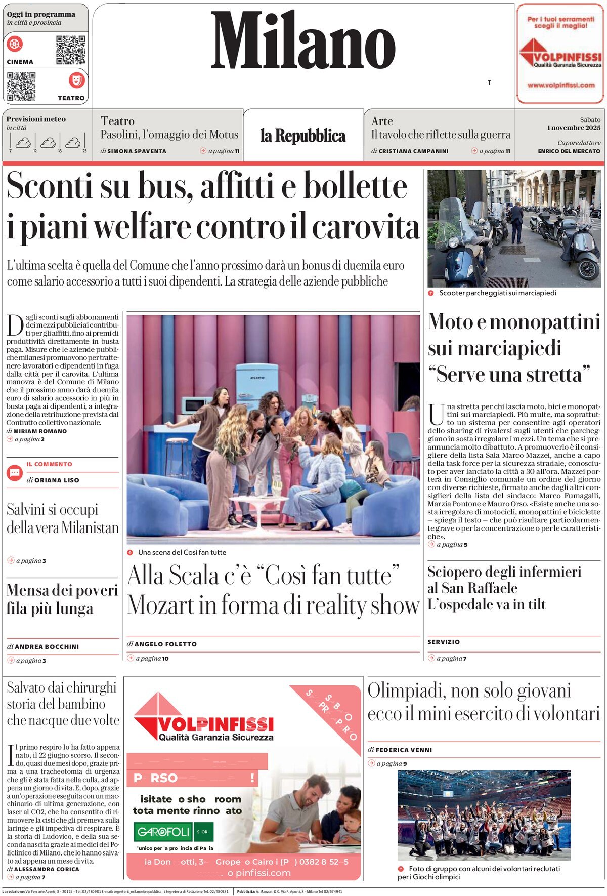Prima Pagina La Repubblica (Milano) 01/11/2025