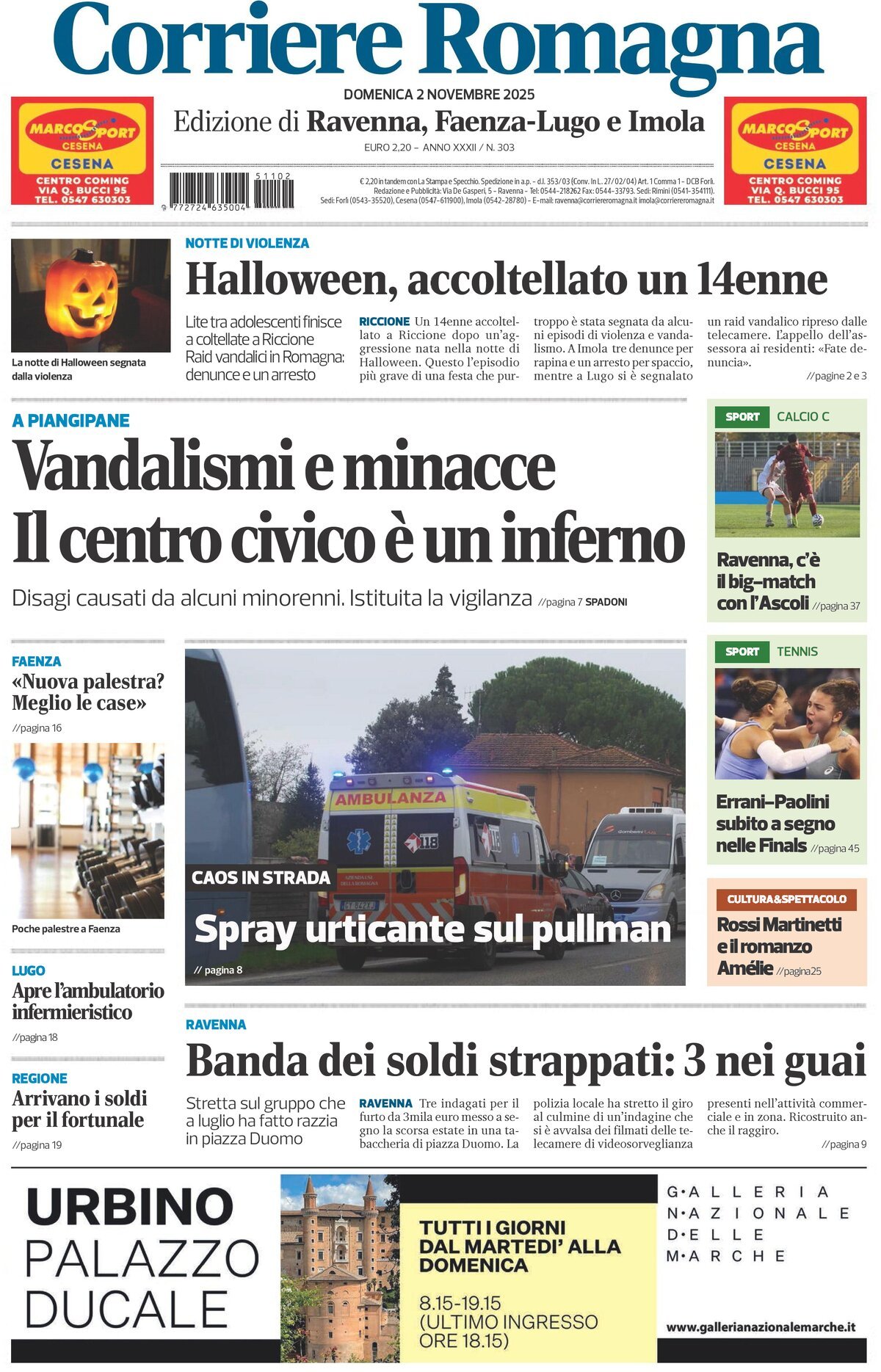 Prima Pagina Corriere Romagna (Ravenna e Imola) 02/11/2025