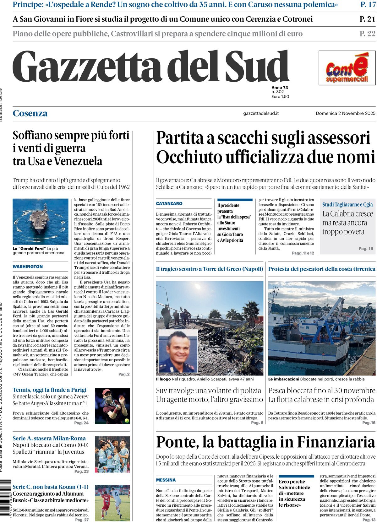 Prima Pagina Gazzetta del Sud (Cosenza) 02/11/2025