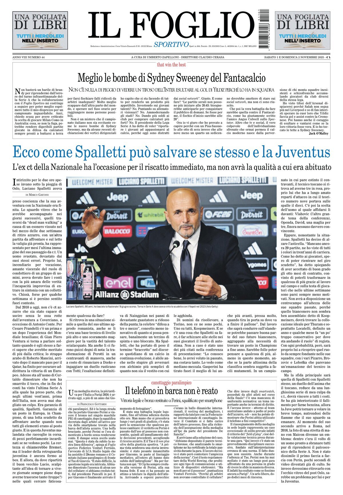 Copertina Il Foglio Sportivo 02/11/2025
