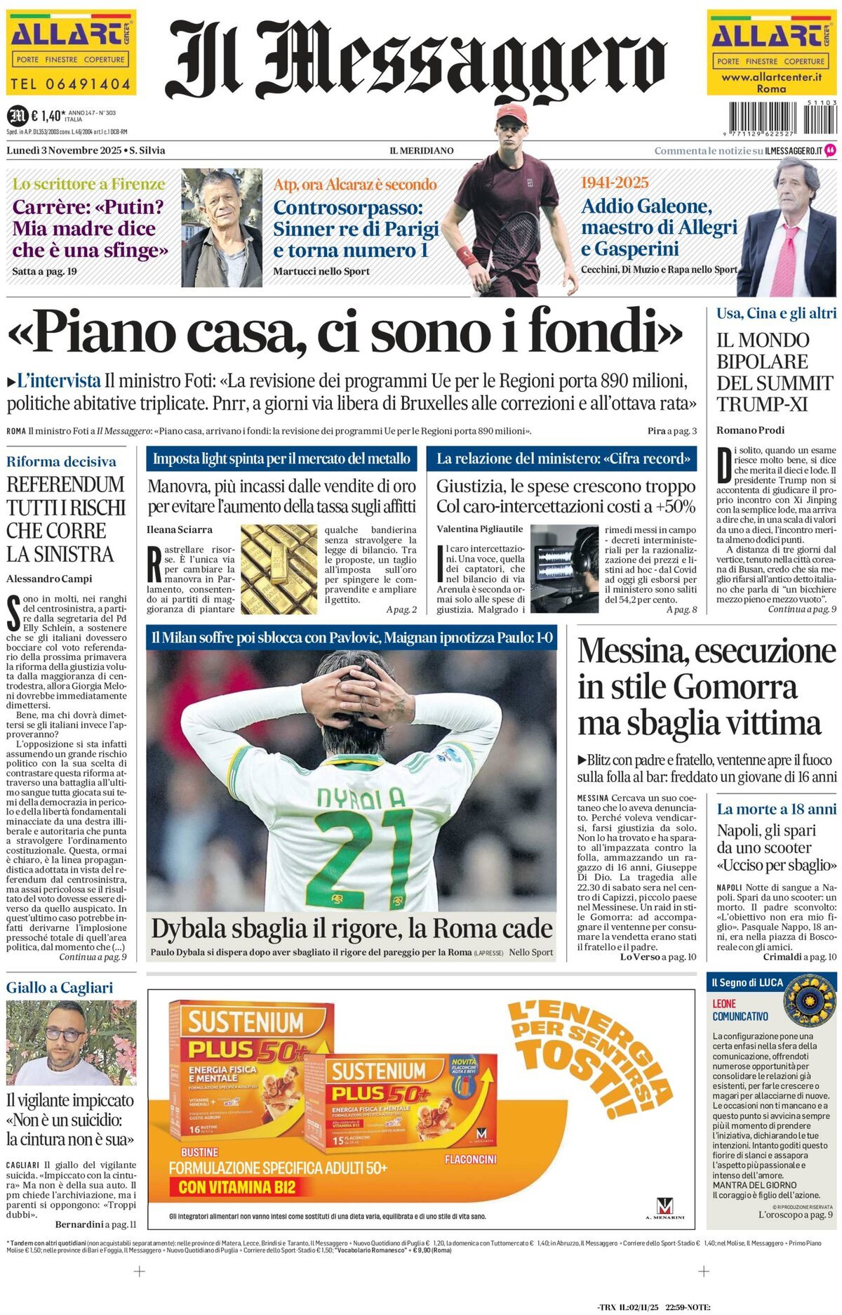 Prima Pagina Il Messaggero 03/11/2025