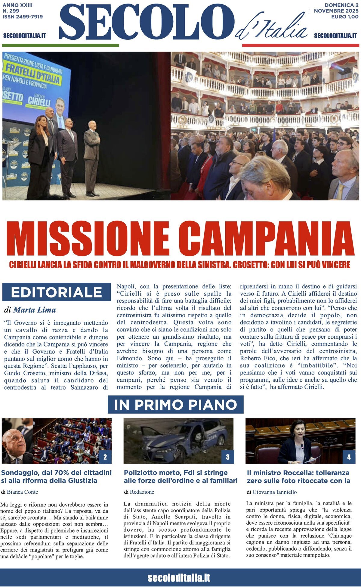 Prima Pagina Secolo d'Italia 02/11/2025