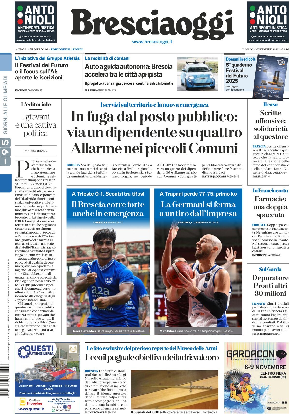Prima Pagina Brescia Oggi 03/11/2025