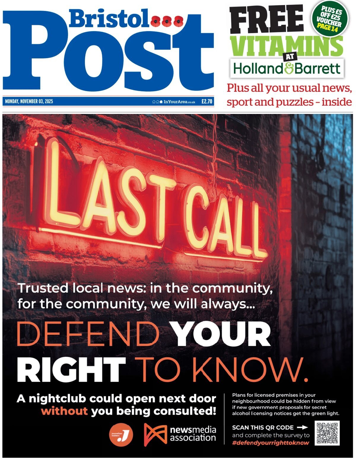 Prima Pagina Bristol Post 03/11/2025