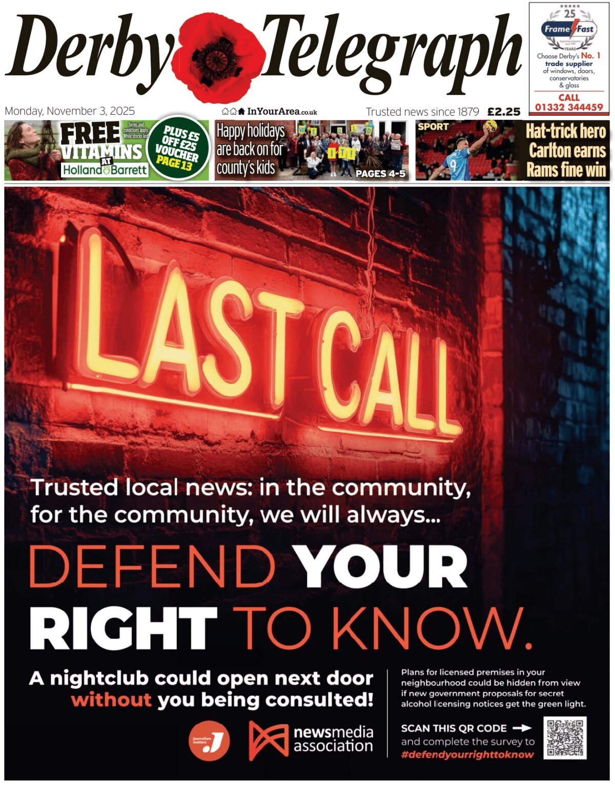 Prima Pagina Derby Telegraph 03/11/2025