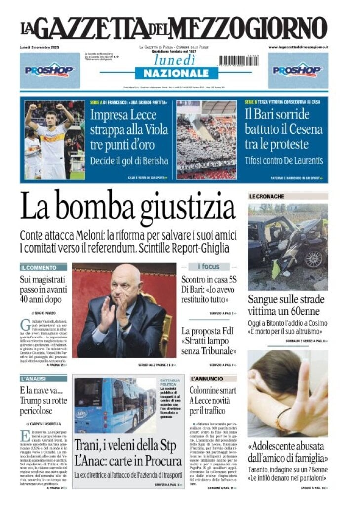 Prima Pagina La Gazzetta del Mezzogiorno (Bari) 03/11/2025