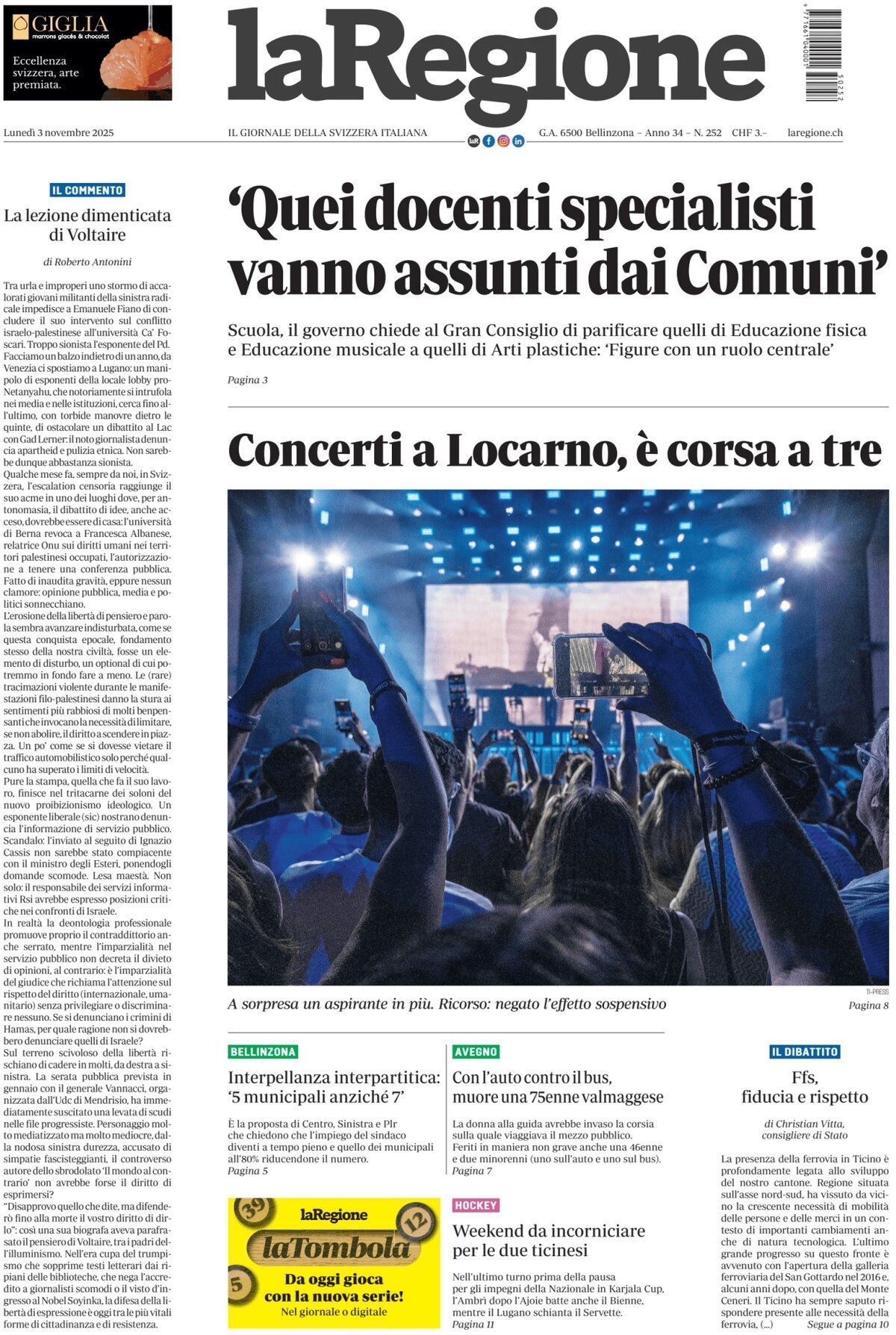 Prima Pagina La Regione 03/11/2025
