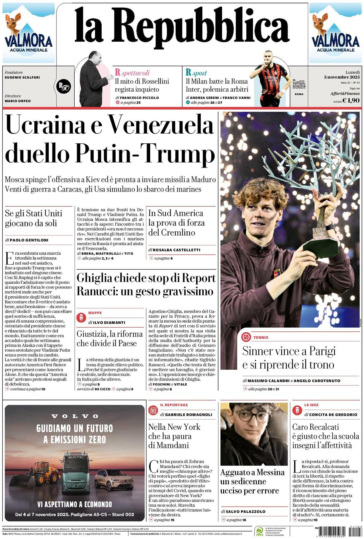 Prima Pagina La Repubblica 03/11/2025