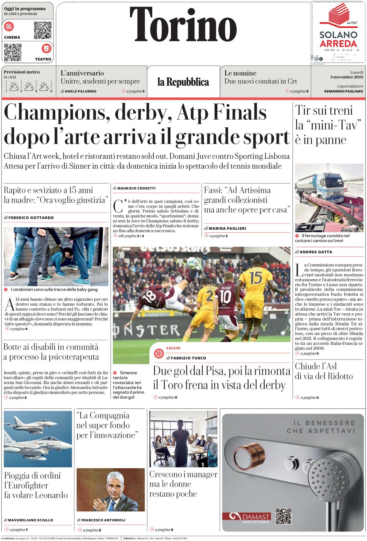 Prima Pagina La Repubblica (Torino) 03/11/2025