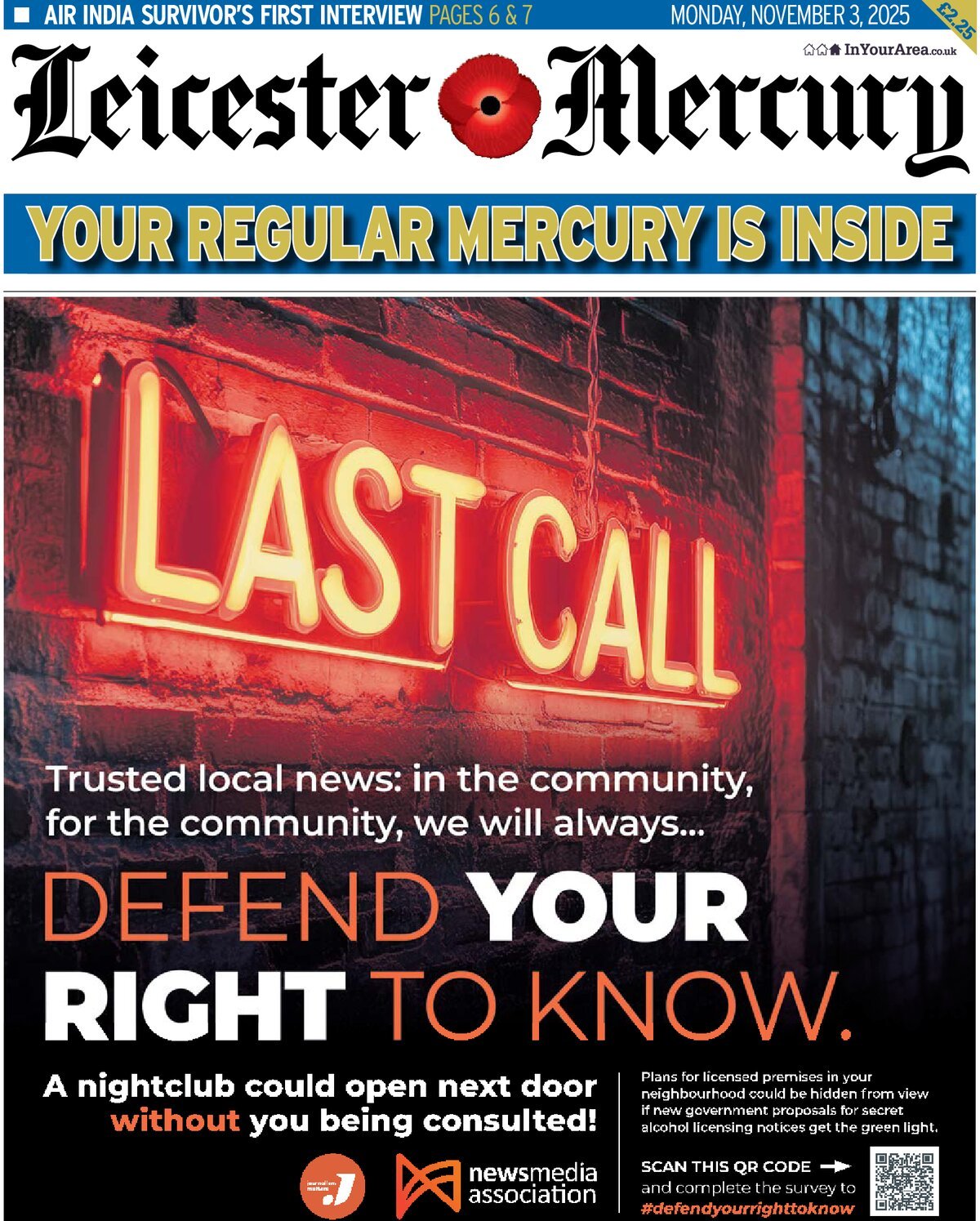 Prima Pagina Leicester Mercury 03/11/2025