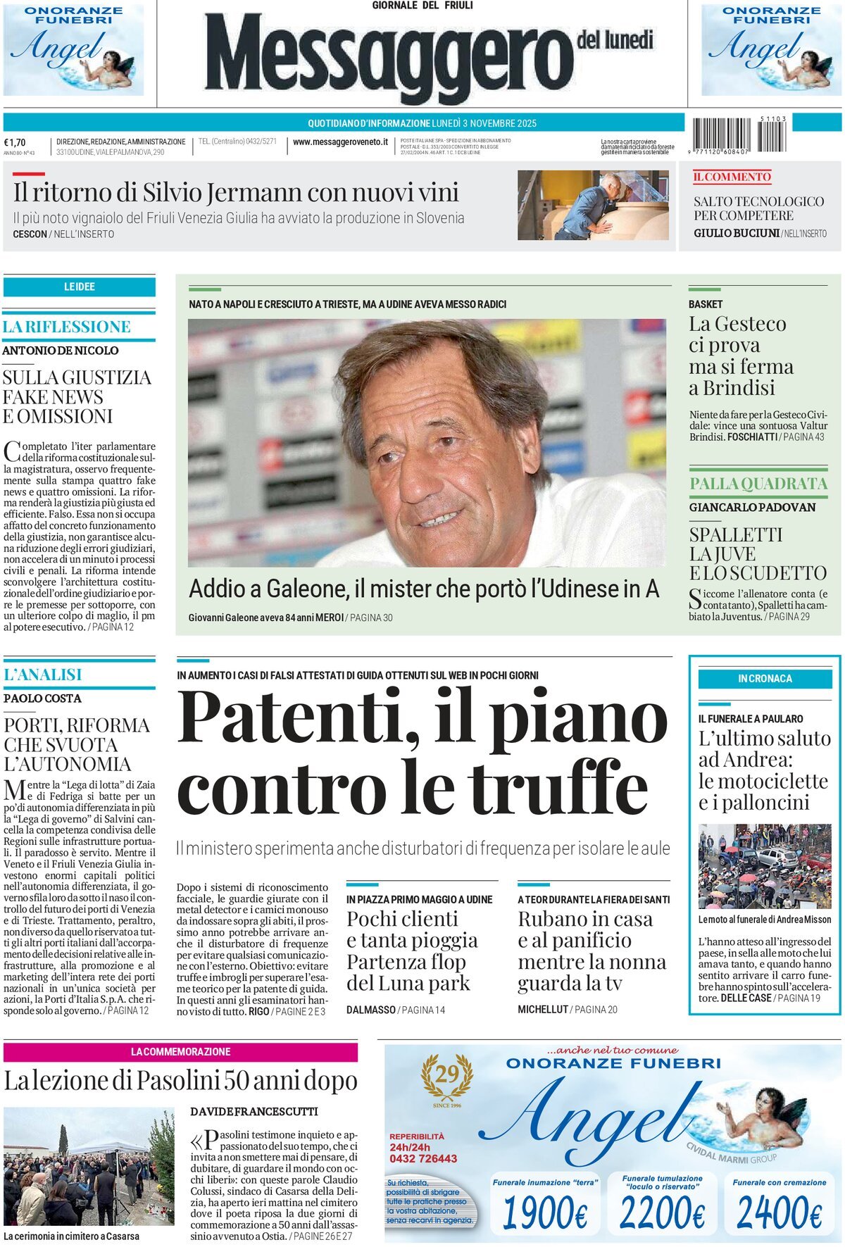 Prima Pagina Messaggero Veneto (Udine) 03/11/2025