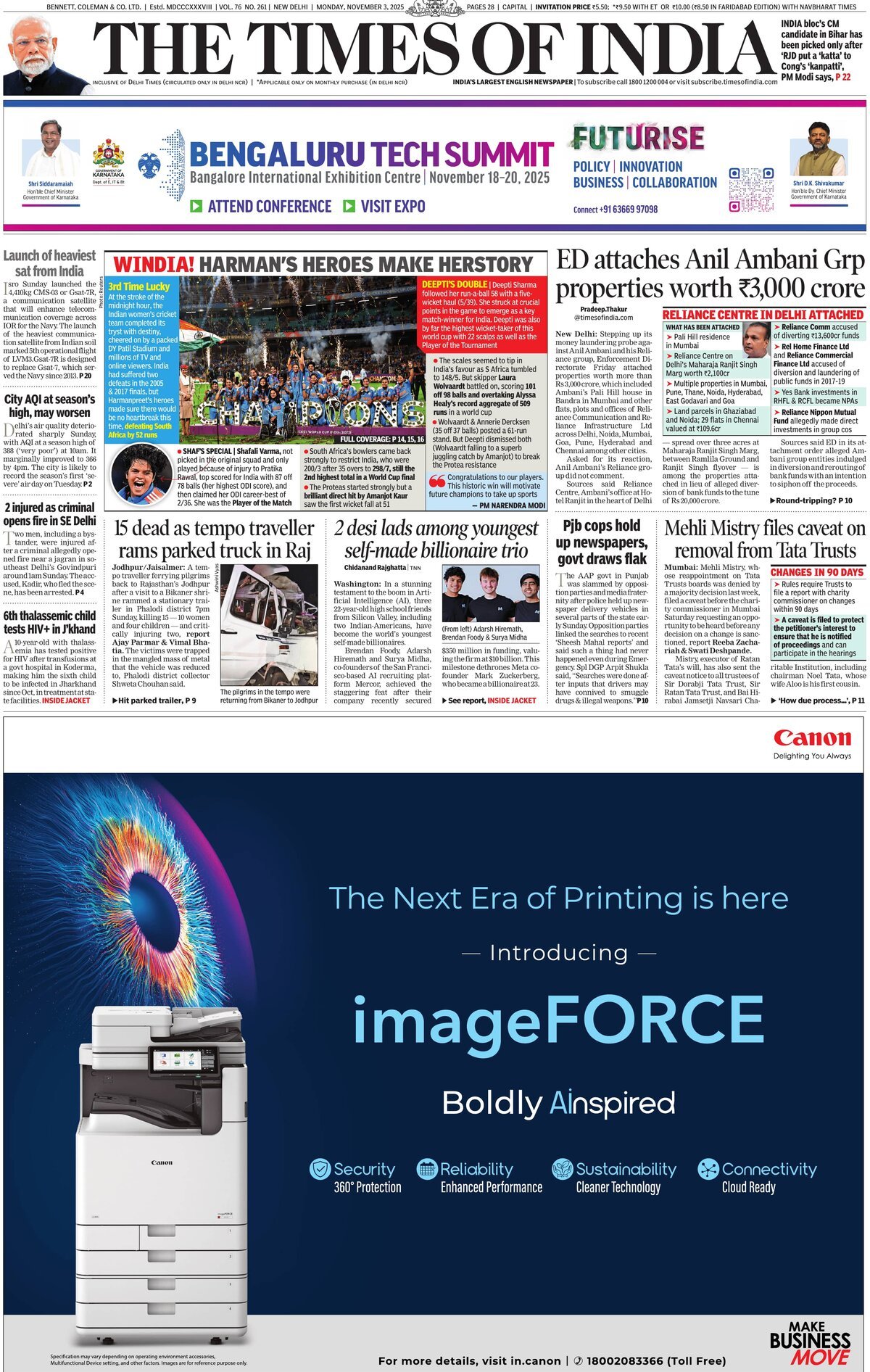 Prima Pagina The Times of India 03/11/2025