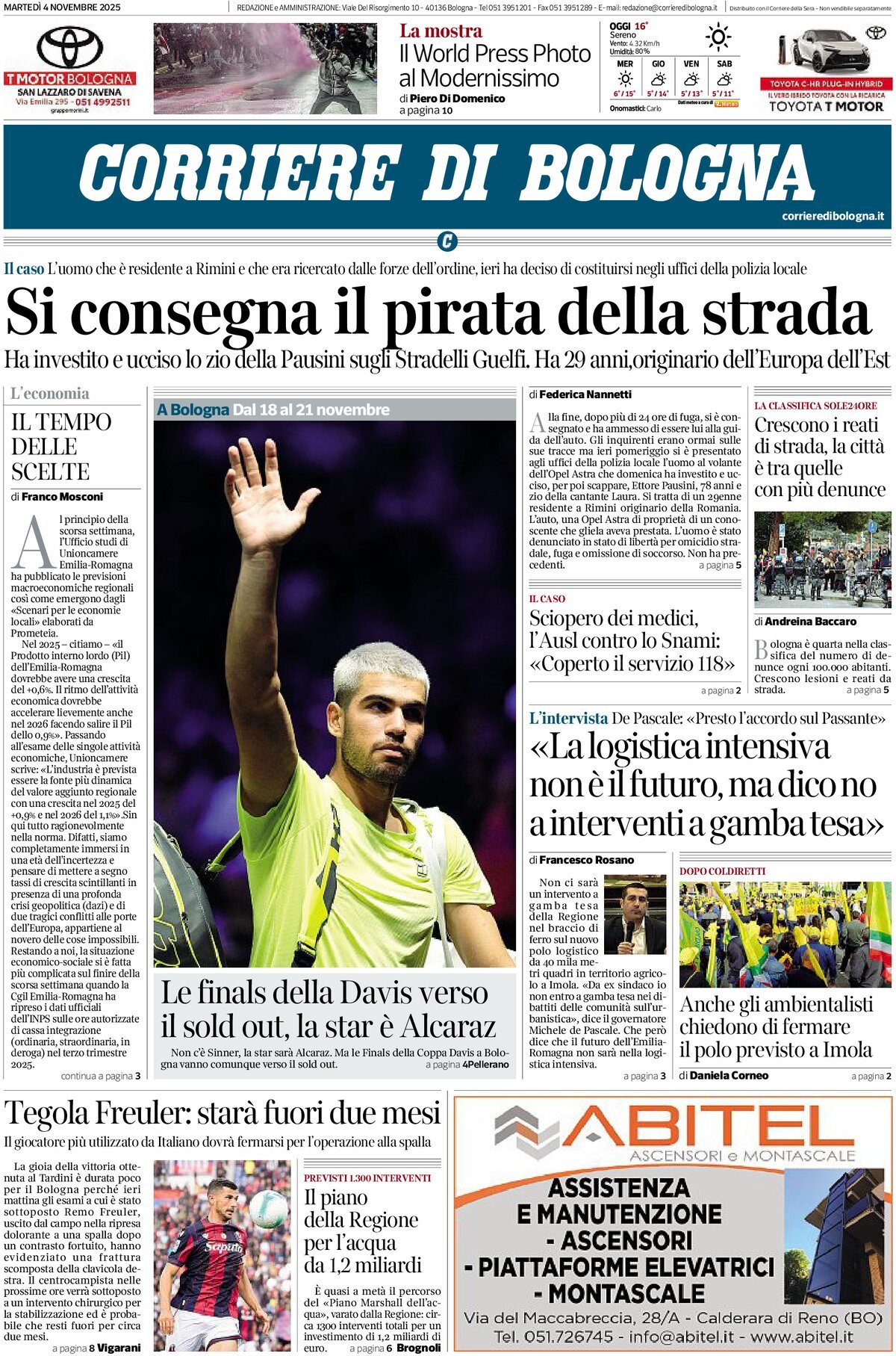 Prima Pagina Corriere di Bologna 04/11/2025
