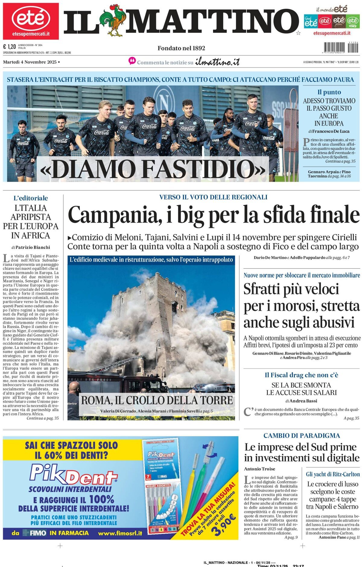 Prima Pagina Il Mattino 04/11/2025