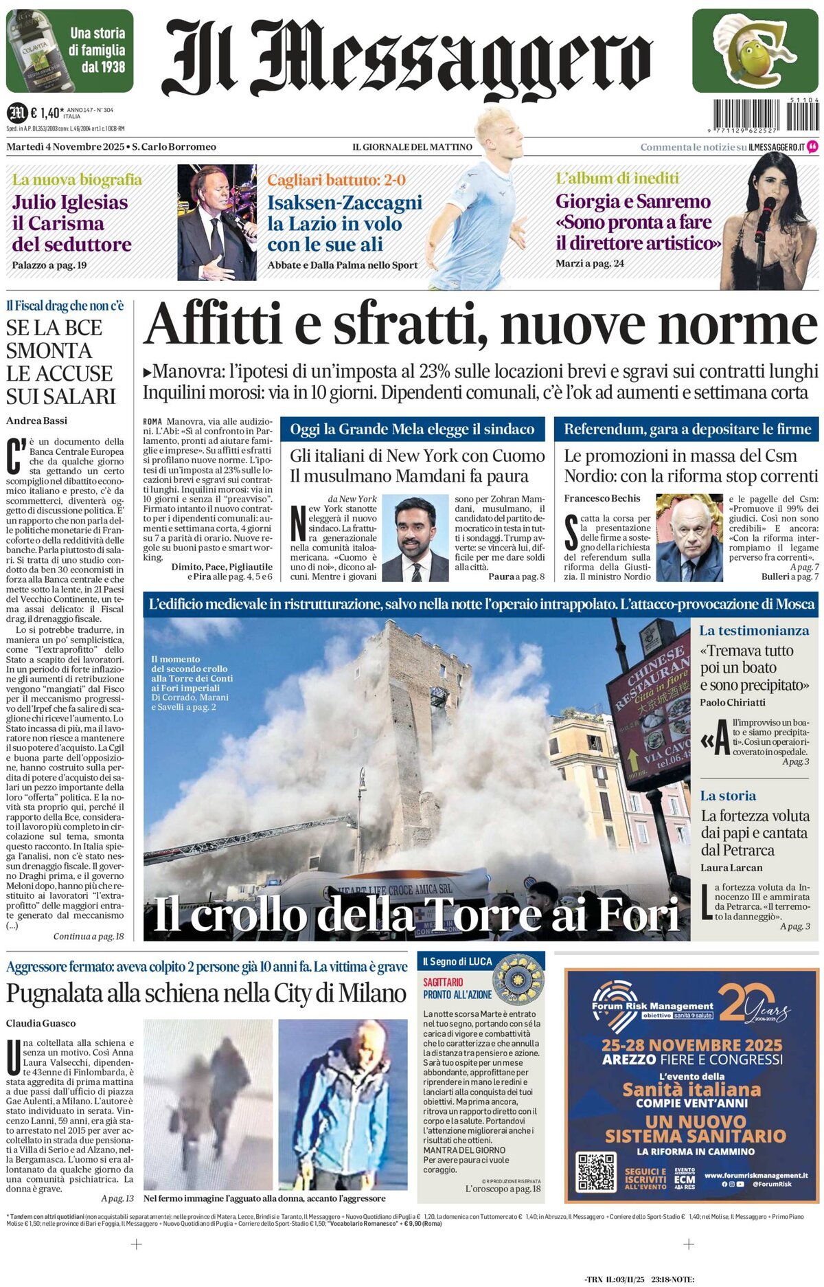 Prima Pagina Il Messaggero 04/11/2025