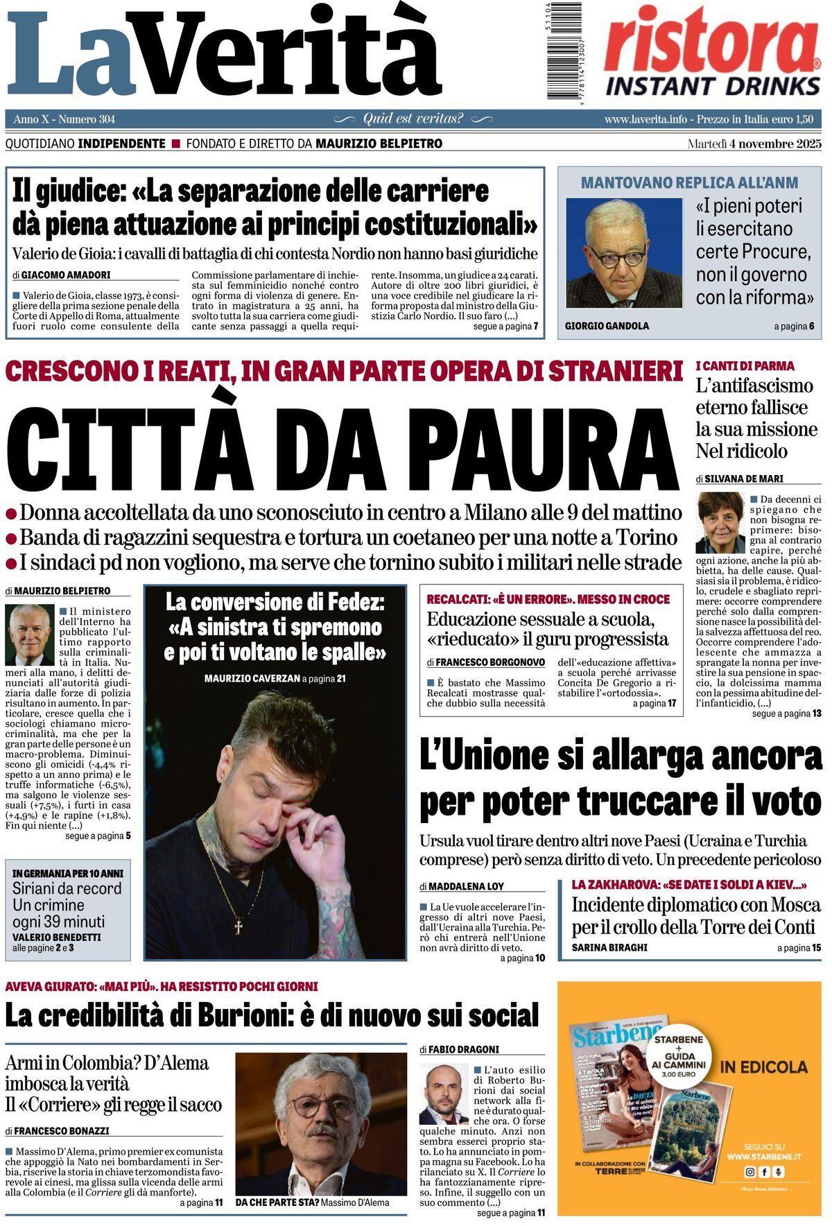 Prima Pagina La Verità 04/11/2025